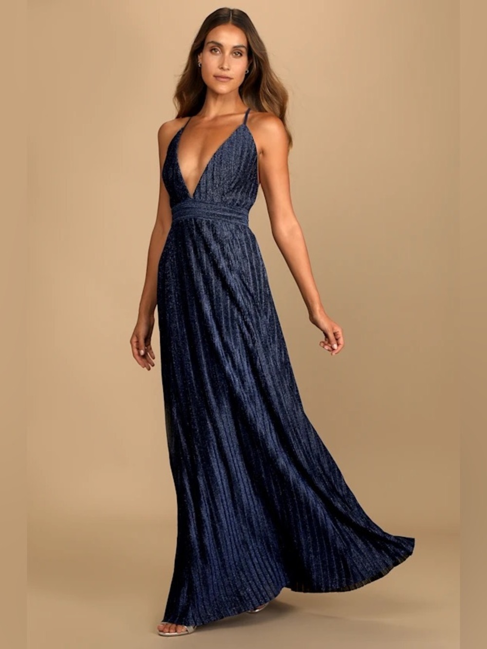Lulus Magical Looks Sparkly Maxi Dress Navy Blue Deep V-Neck Metallic Gown NWT S
